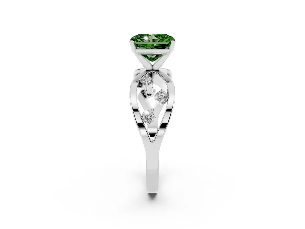 Fancy Green Radiant Cut Cut Solitaire Diamond with Side Stones on Criss-Cross Band and Four-Prong Setting Platinum