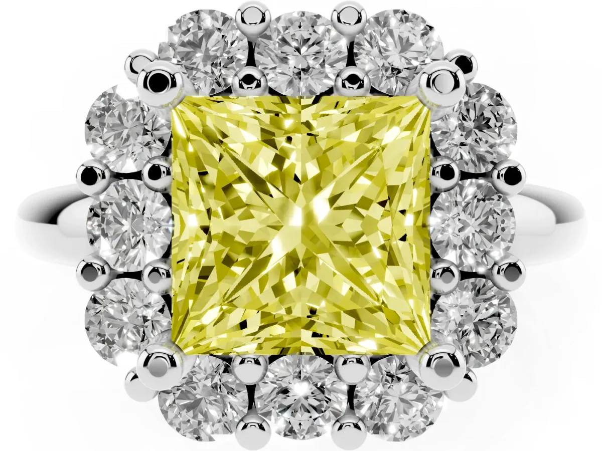 Fancy Yellow Princess Cut Halo Cluster Diamond Engagement Ring with Prong Setting and Polished Band Platinum