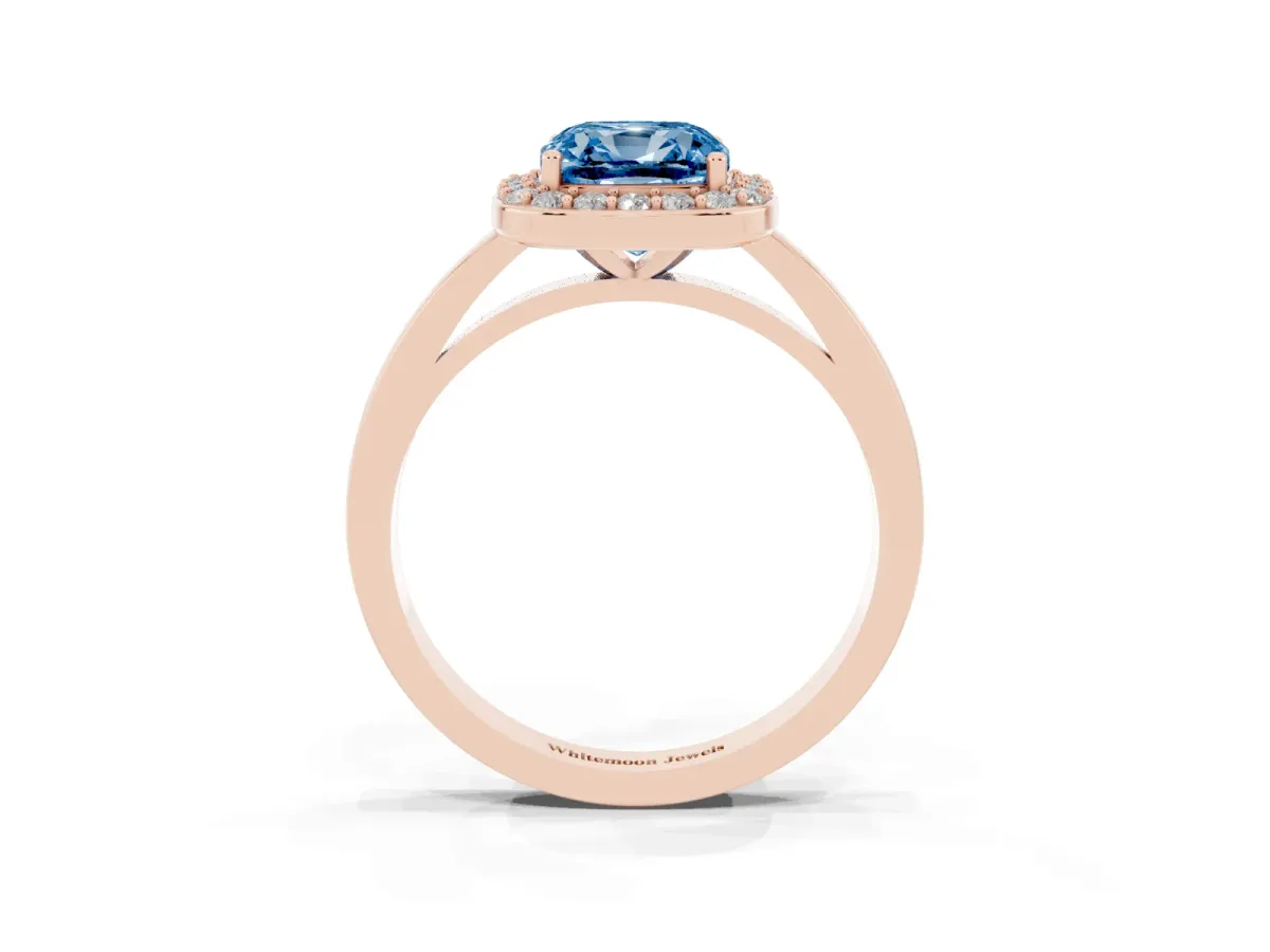 Fancy Blue Cushion Cut Halo Diamond Ring with Solitaire Band and Prong Setting Rose gold
