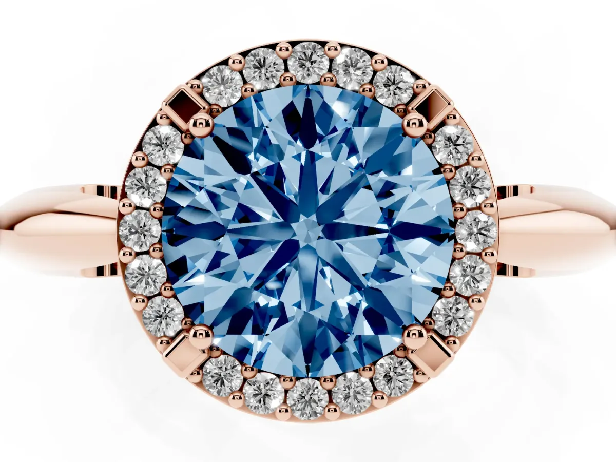 Fancy Blue Round Cut Cut Diamond Halo Engagement Ring with Split Shank and Four-Prong Setting Rose gold