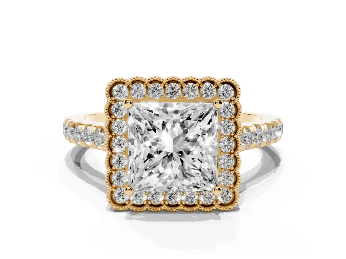 Princess Cut Cut Diamond Milgrain Floral Halo Engagement Ring with Pavé Band Yellow gold