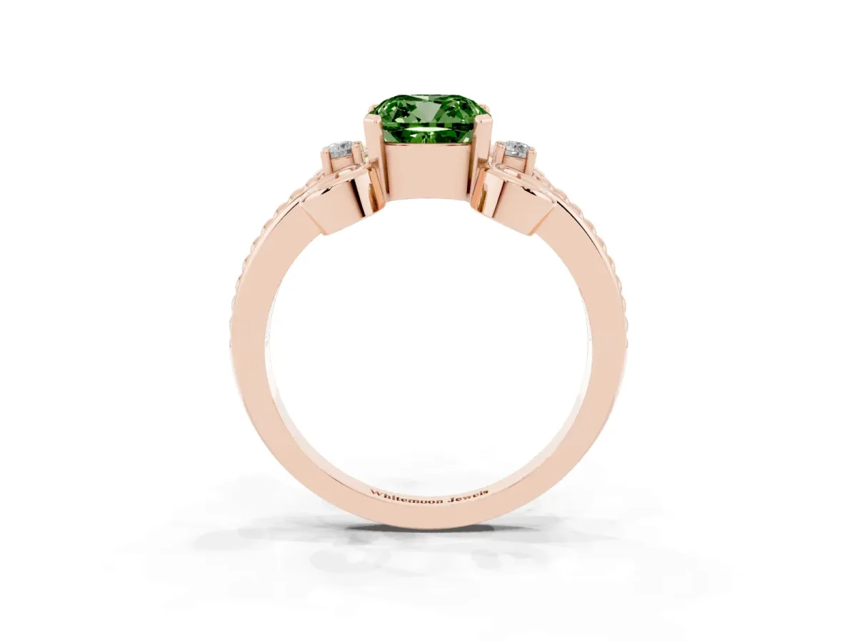 Fancy Green Cushion Cut Solitaire Twisted Band Scroll Prong Ring Rose gold