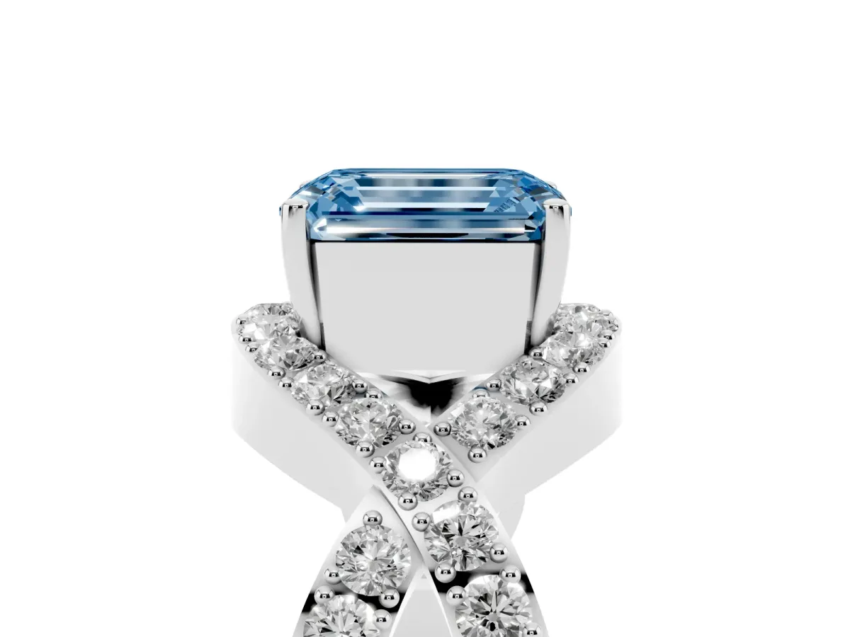 Fancy Blue Emerald Cut Solitaire Twist Band Pavé Diamond Engagement Ring Silver