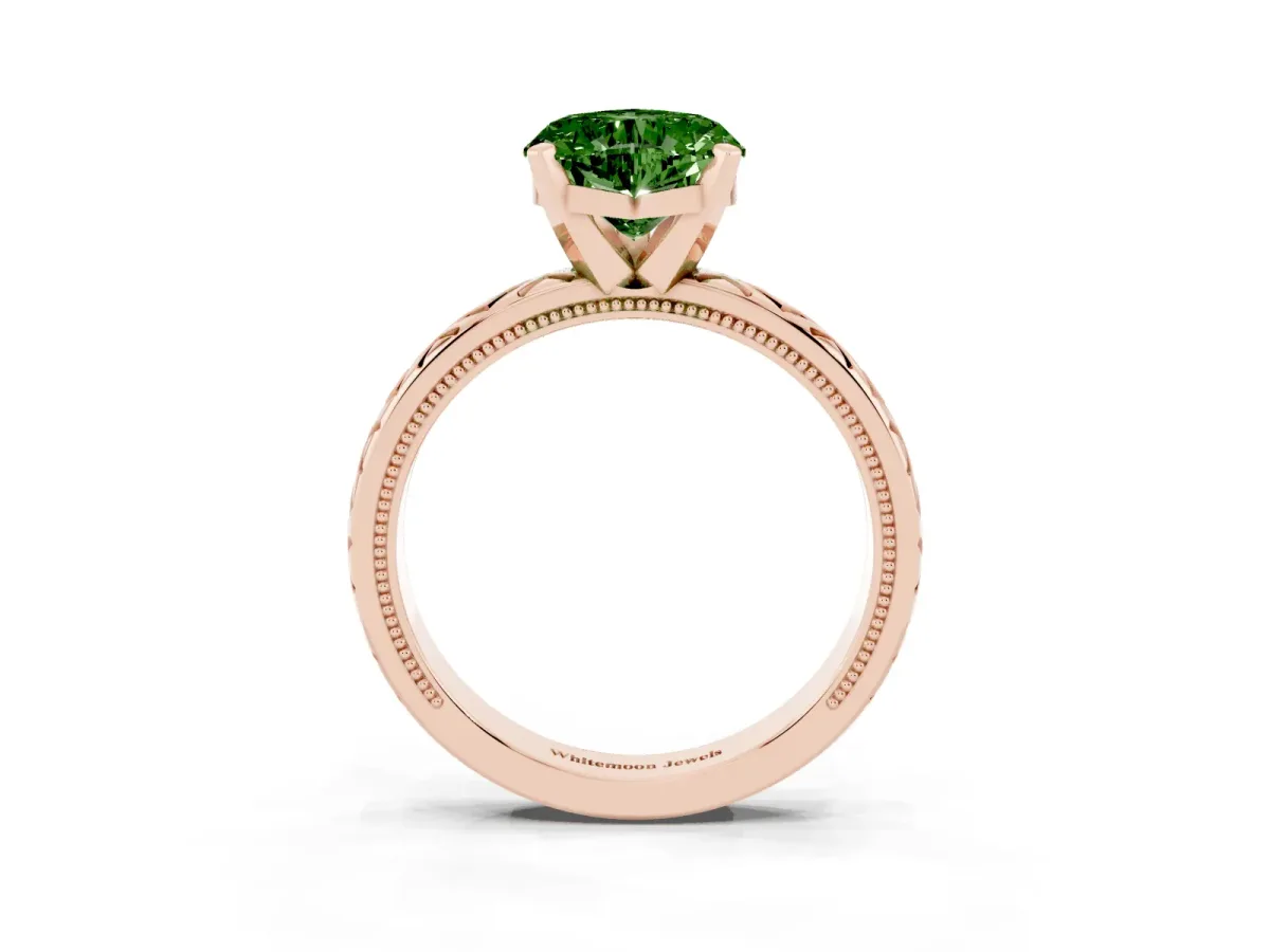 Fancy Green Heart Cut Solitaire Diamond Ring with Milgrain and Black Enamel X Pattern Band Rose gold