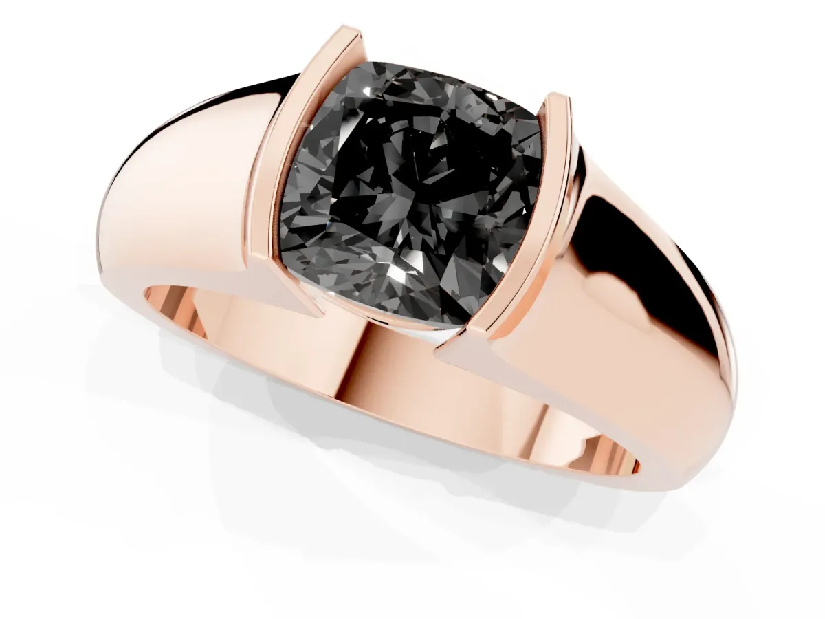 Fancy Black Cushion Cut Solitaire Bezel Set Diamond Ring with Wide Band Rose gold