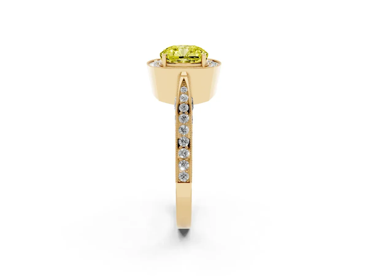 Fancy Yellow Cushion Cut Halo Diamond Engagement Ring with Split Shank Band and Four-Prong Setting Yellow gold
