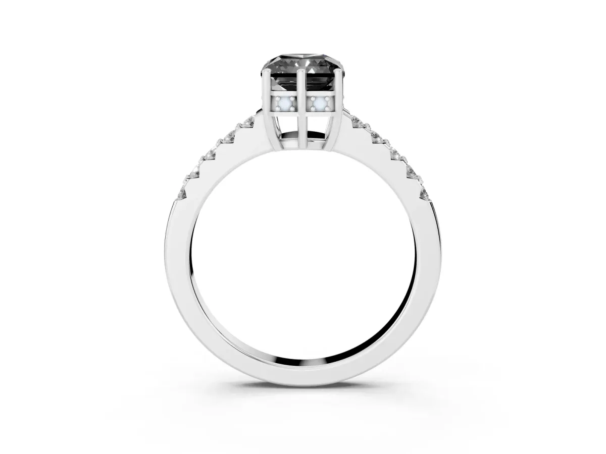 Fancy Black Radiant Cut Solitaire Diamond Engagement Ring with Pavé Band and Six-Prong Setting Silver