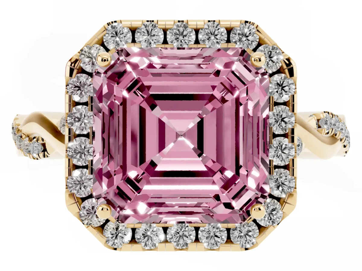Fancy Pink Asscher Cut Halo Twist Band Solitaire Ring Yellow gold