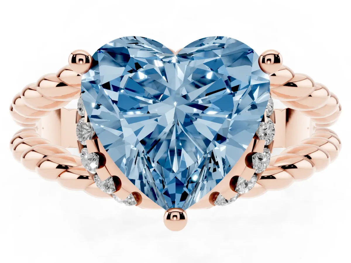 Fancy Blue Heart Cut Halo Twisted Band Four-Prong Ring Rose gold