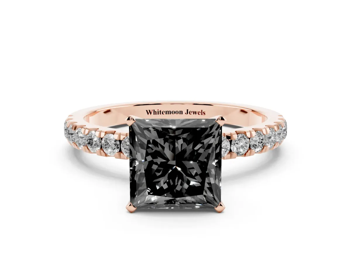 Fancy Black Princess Cut Diamond Solitaire Ring with Pavé Accents and Four-Prong Setting Rose gold