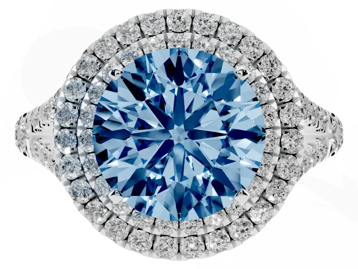 Fancy Blue Round Cut Cut Double Halo Split Shank Diamond Ring with Prong Setting Silver