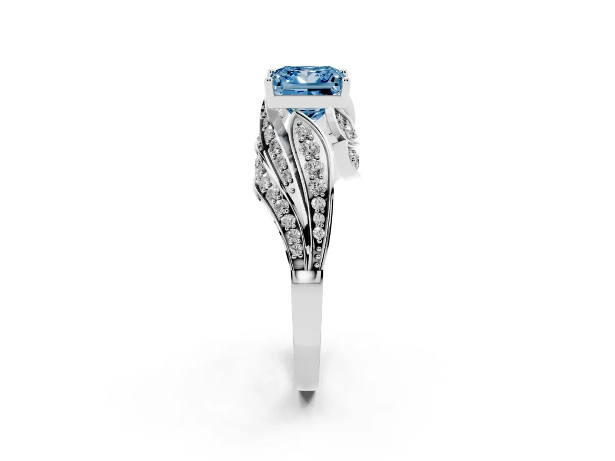 Fancy Blue Princess Cut Diamond Solitaire Ring with Prong Setting and Twisted Pavé Band Silver
