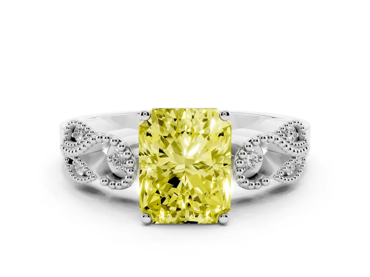 Fancy Yellow Radiant Cut Solitaire Milgrain Leaf Band with Prong Setting Platinum