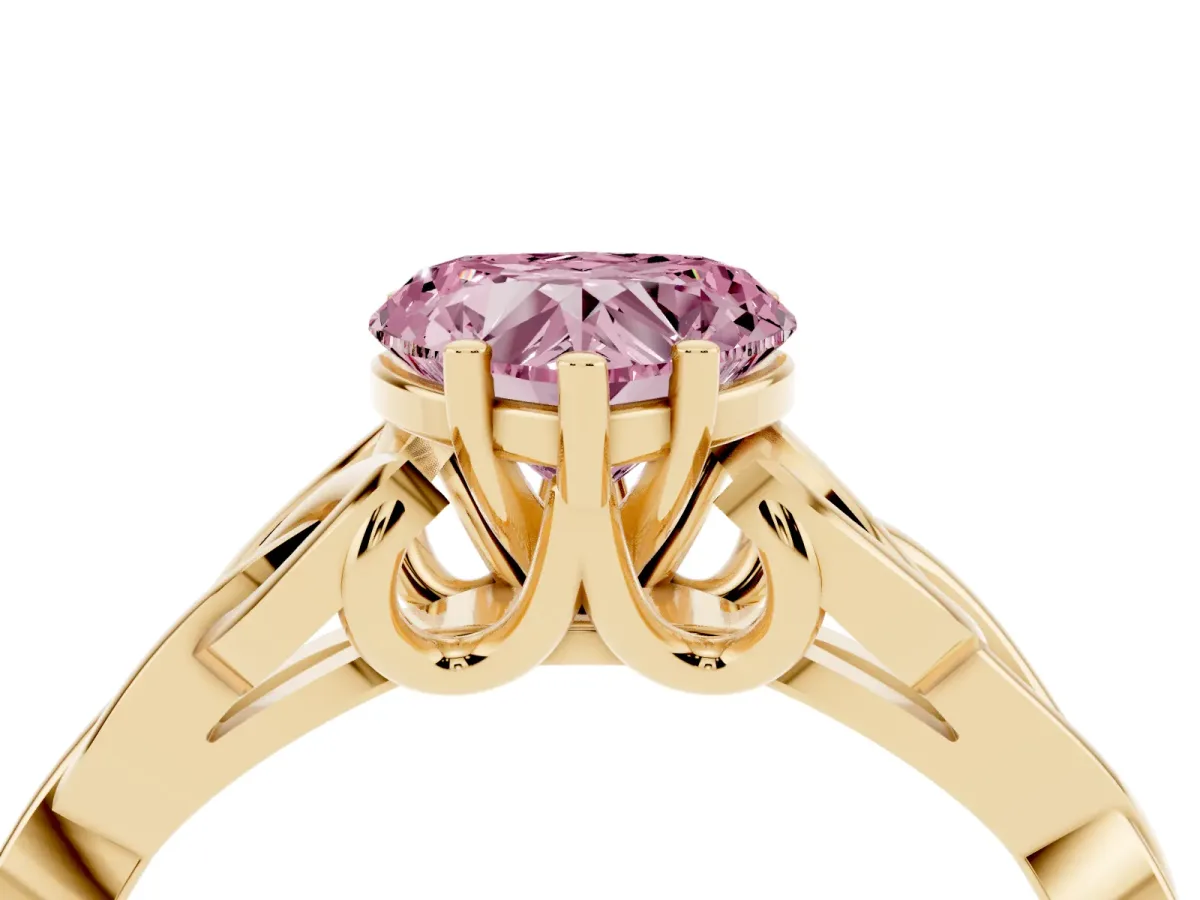 Fancy Pink Heart Cut Diamond Solitaire Engagement Ring with Celtic Knot Band and Four-Prong Setting Yellow gold