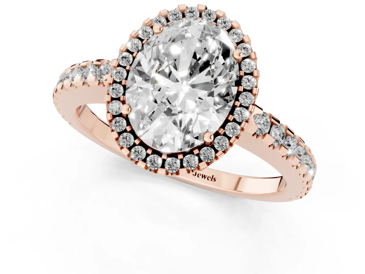 Oval Cut Diamond Halo Engagement Ring with Pavé Band and Prong Setting Rose gold