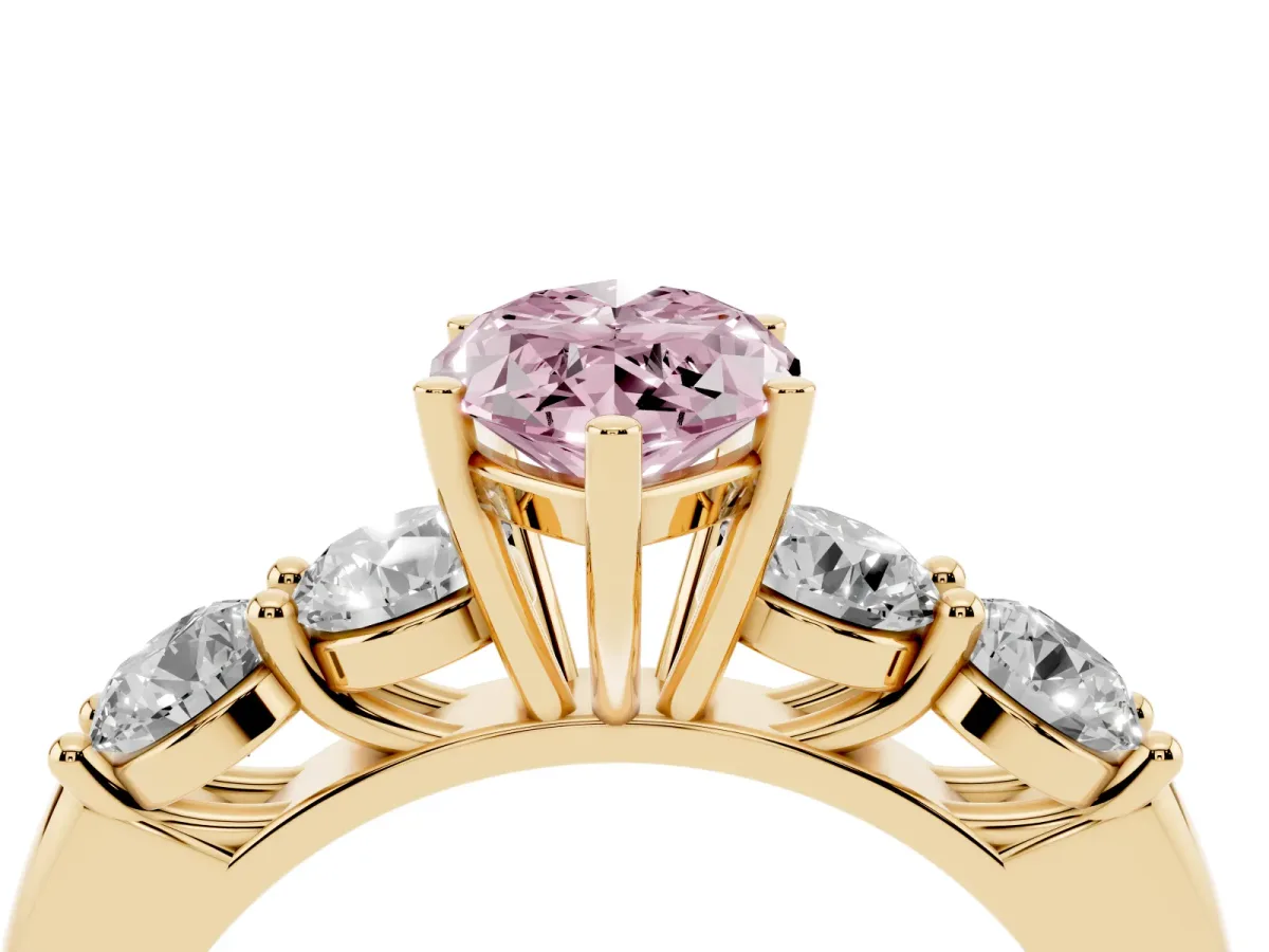 Fancy Pink Marquise Cut Cut Five-Stone Prong Set Diamond Ring with Classic Band Yellow gold