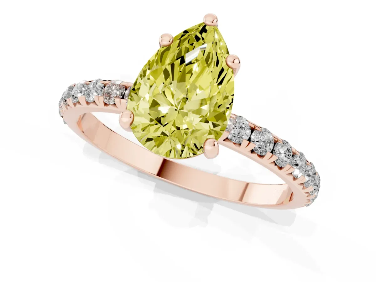 Fancy Yellow Pear Cut Cut Diamond Solitaire Ring with Micro Pave Band and Four Prong Setting Rose gold