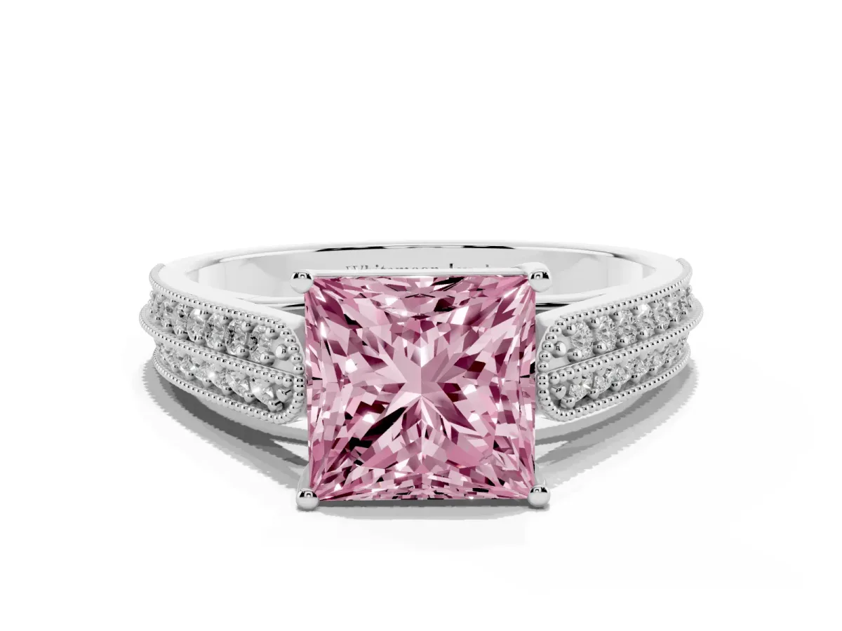 Fancy Pink Princess Cut Cut Pave Split Shank Engagement Ring with Four-Prong Setting White gold