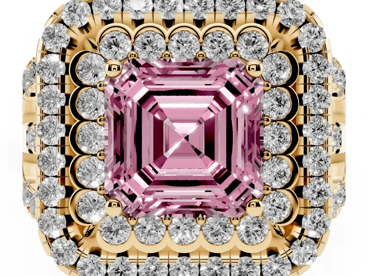 Fancy Pink Asscher Cut Diamond Double Halo Ring with Round Pavé Split Shank and Prong Setting Yellow gold