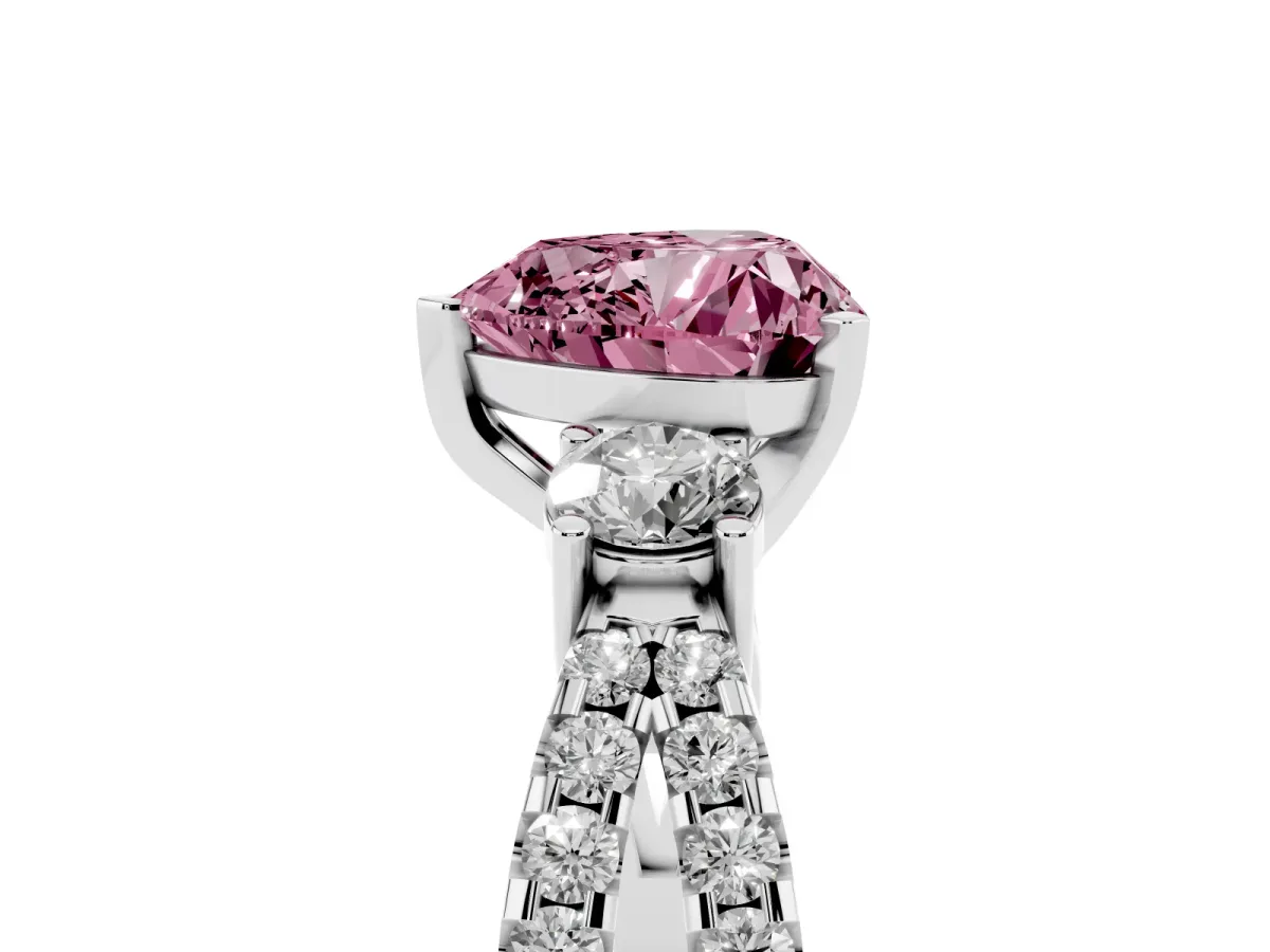 Fancy Pink Heart Cut Diamond Three-Stone Ring with Pavé Split Shank and Four-Prong Setting Platinum