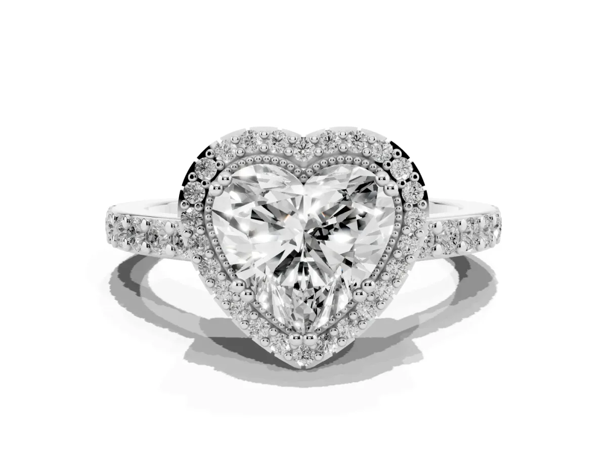 Heart Cut Cut Diamond Halo Engagement Ring with Milgrain Detail and Pavé Band Silver