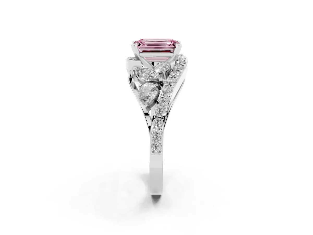 Fancy Pink Emerald Cut Diamond Halo Ring with Marquise and Pavé Band in Prong Setting Platinum