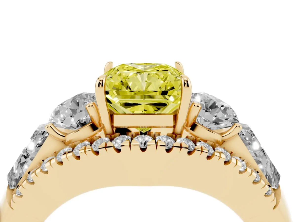 Fancy Yellow Three-Stone Radiant Cut Diamond Engagement Ring with Pave Band and Prong Setting Yellow gold