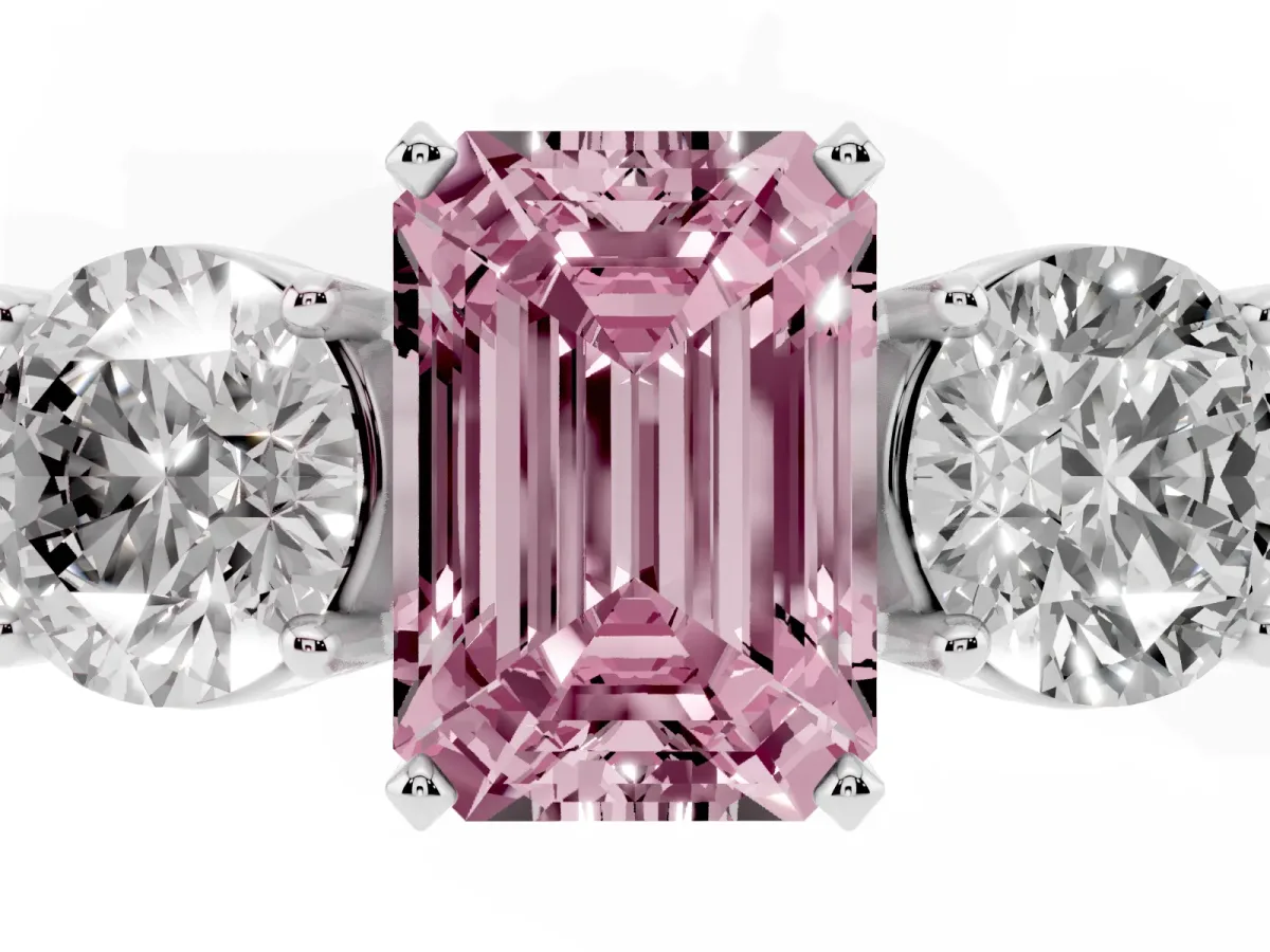 Fancy Pink Three-Stone Emerald Cut Diamond Ring with Round Side Stones, Classic Band, and Four-Prong Setting Silver