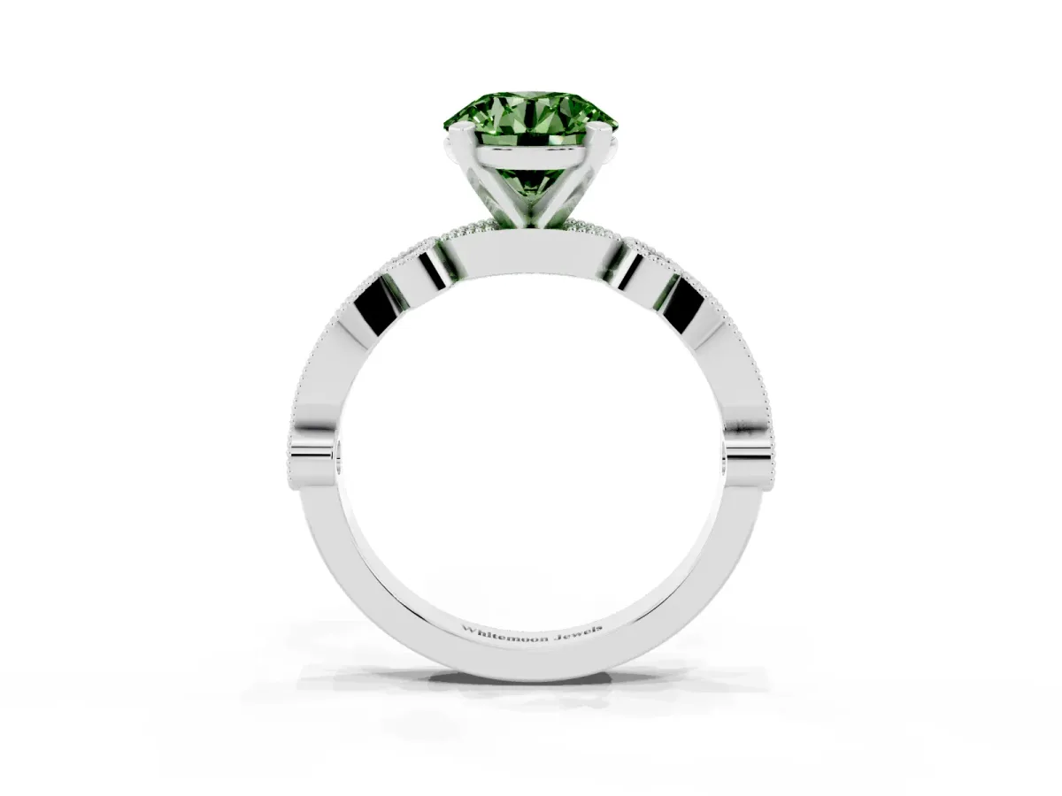 Fancy Green Round Cut Milgrain Bezel Diamond Engagement Ring with Solitaire Prong Setting Silver