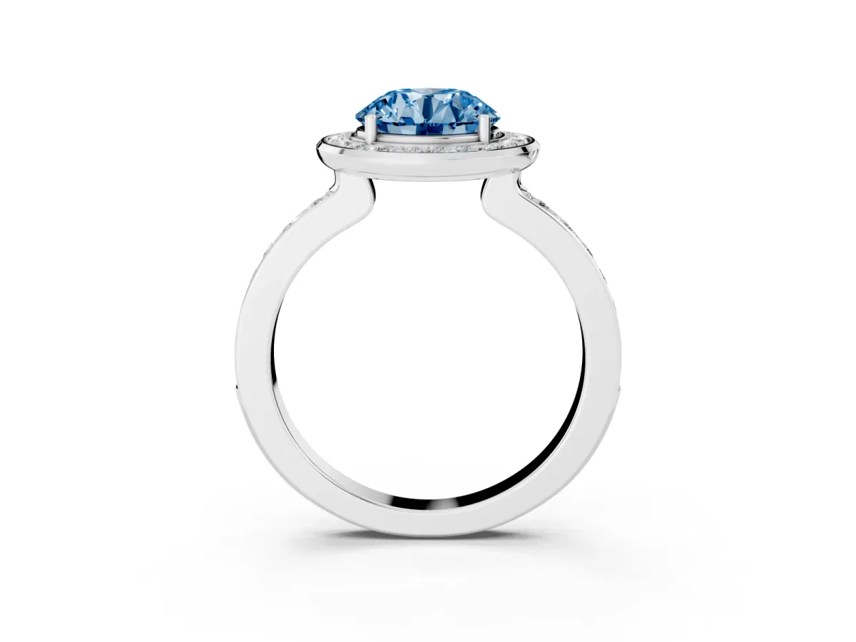 Fancy Blue Round Cut Diamond Halo Ring with Bezel Frame and Pavé Band Silver