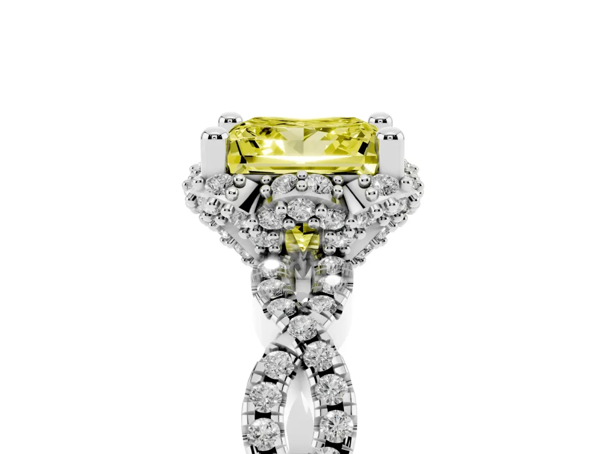 Fancy Yellow Princess Cut Halo Twist Band Solitaire Ring with Six-Prong Setting Silver