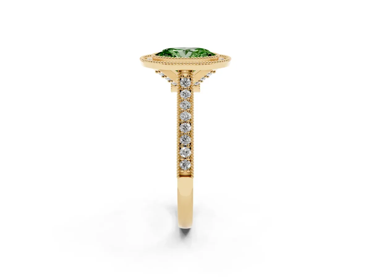 Fancy Green Halo Oval Cut-Cut Diamond Pave Band Milgrain Prong Setting Ring Yellow gold