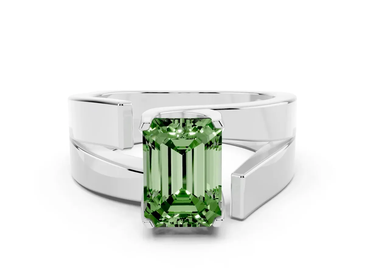 Fancy Green Modern Tension Set Emerald Cut Diamond Solitaire Wide Band Ring Silver