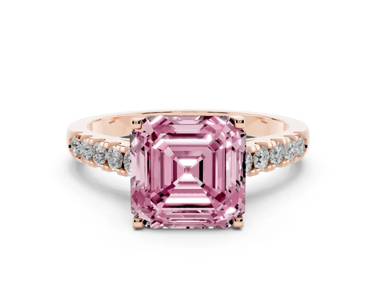 Fancy Pink Asscher Cut Diamond Pavé Band Solitaire Ring with Prong Setting Rose gold