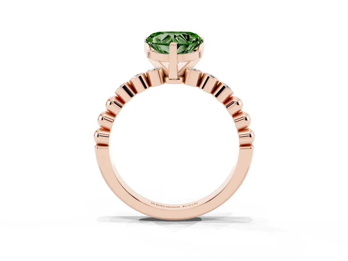 Fancy Green Heart Cut Solitaire Bezel Accent Diamond Engagement Ring with Beaded Band and Four-Prong Setting Rose gold