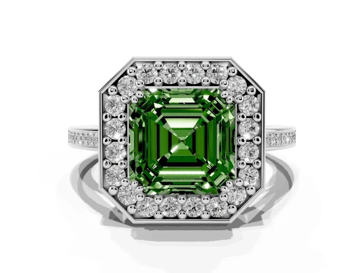 Fancy Green Asscher Cut Diamond Halo Ring with Split Shank and Four-Prong Setting Silver