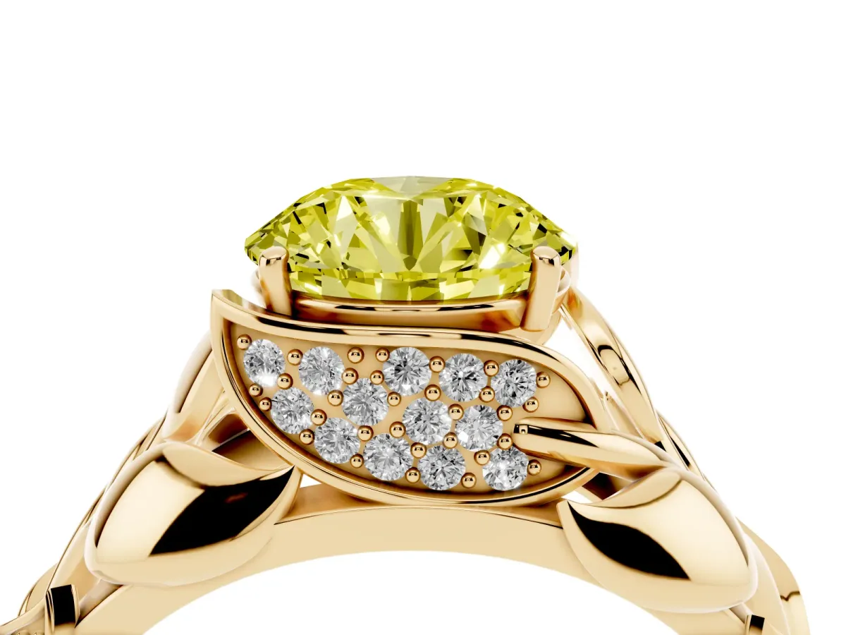 Fancy Yellow Round Cut Diamond Leaf-Inspired Engagement Ring with Round Accents and Prong Setting Yellow gold