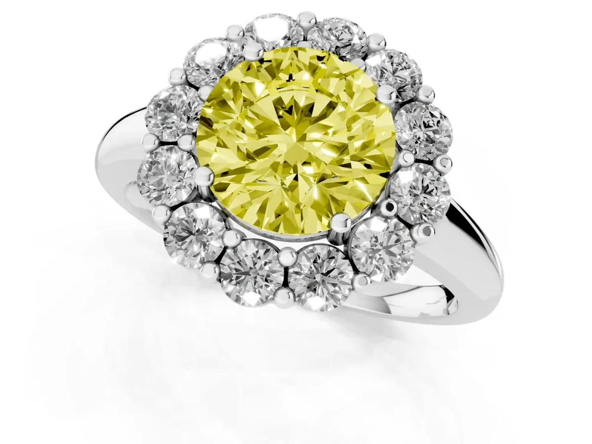 Fancy Yellow Round Cut Halo Cluster Diamond Engagement Ring with Prong Setting and Polished Band Silver