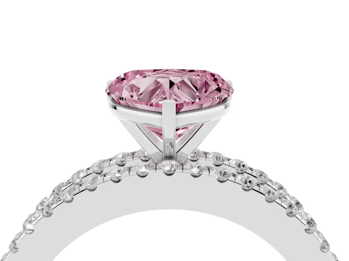 Fancy Pink Heart Cut Diamond Solitaire Ring with Pavé and Channel Set Band White gold