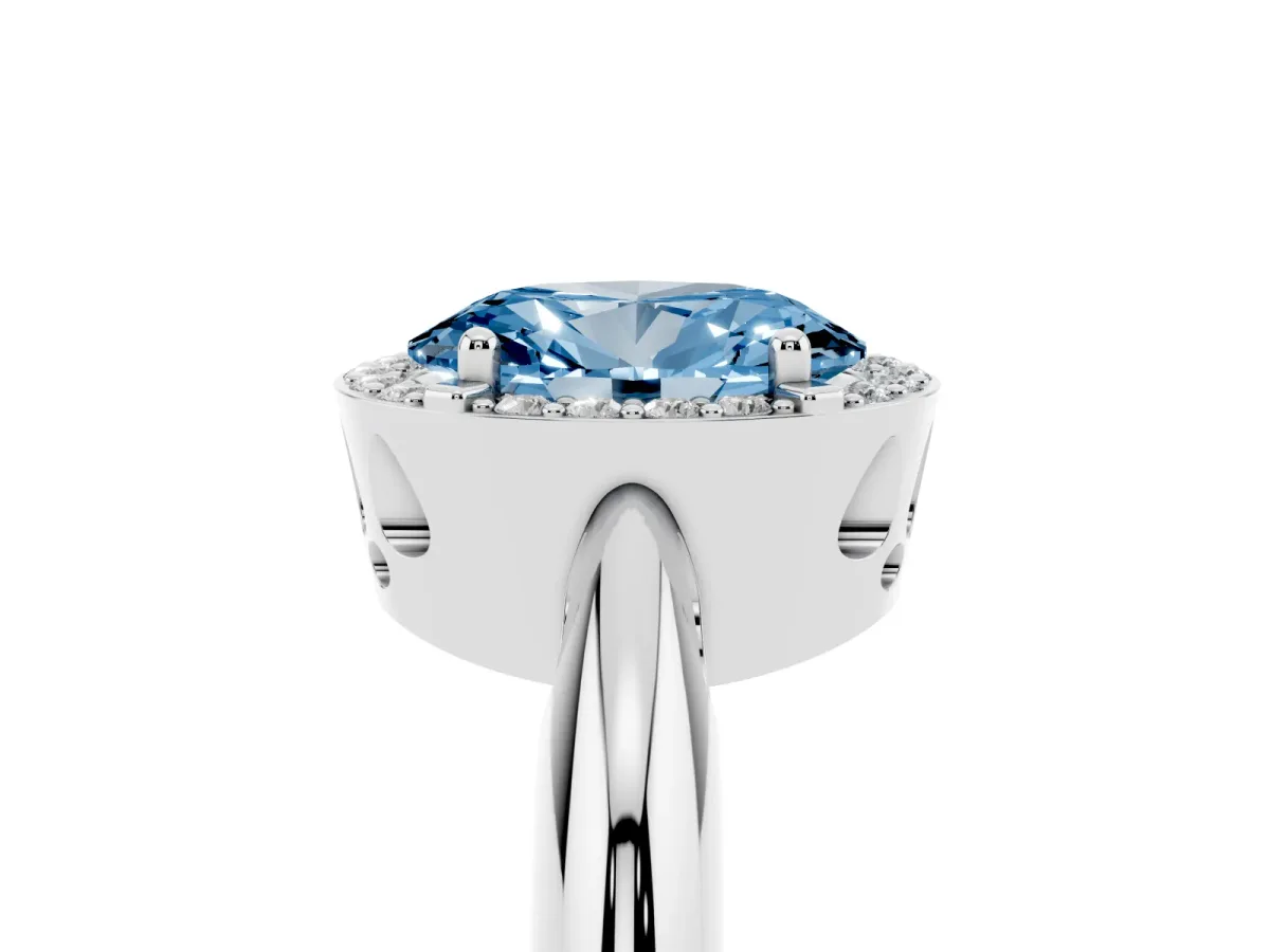 Fancy Blue Oval Cut Cut Diamond Halo Engagement Ring with Split Shank and Four-Prong Setting Silver
