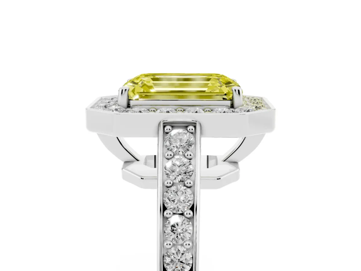 Fancy Yellow Emerald Cut Halo Pavé Diamond Engagement Ring with Bezel Setting Silver
