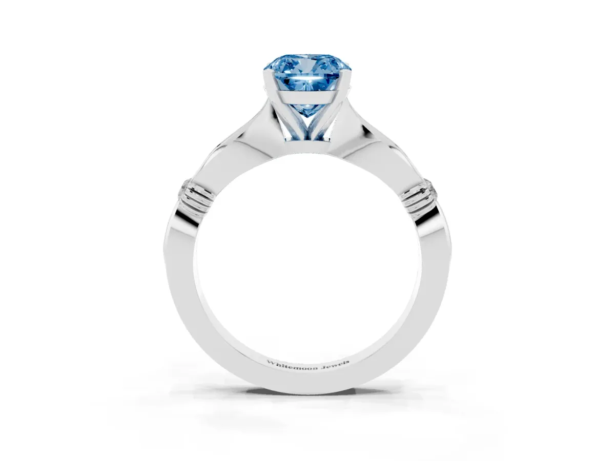 Fancy Blue Cushion Cut Solitaire Diamond Twisted Band with Four-Prong Setting Silver
