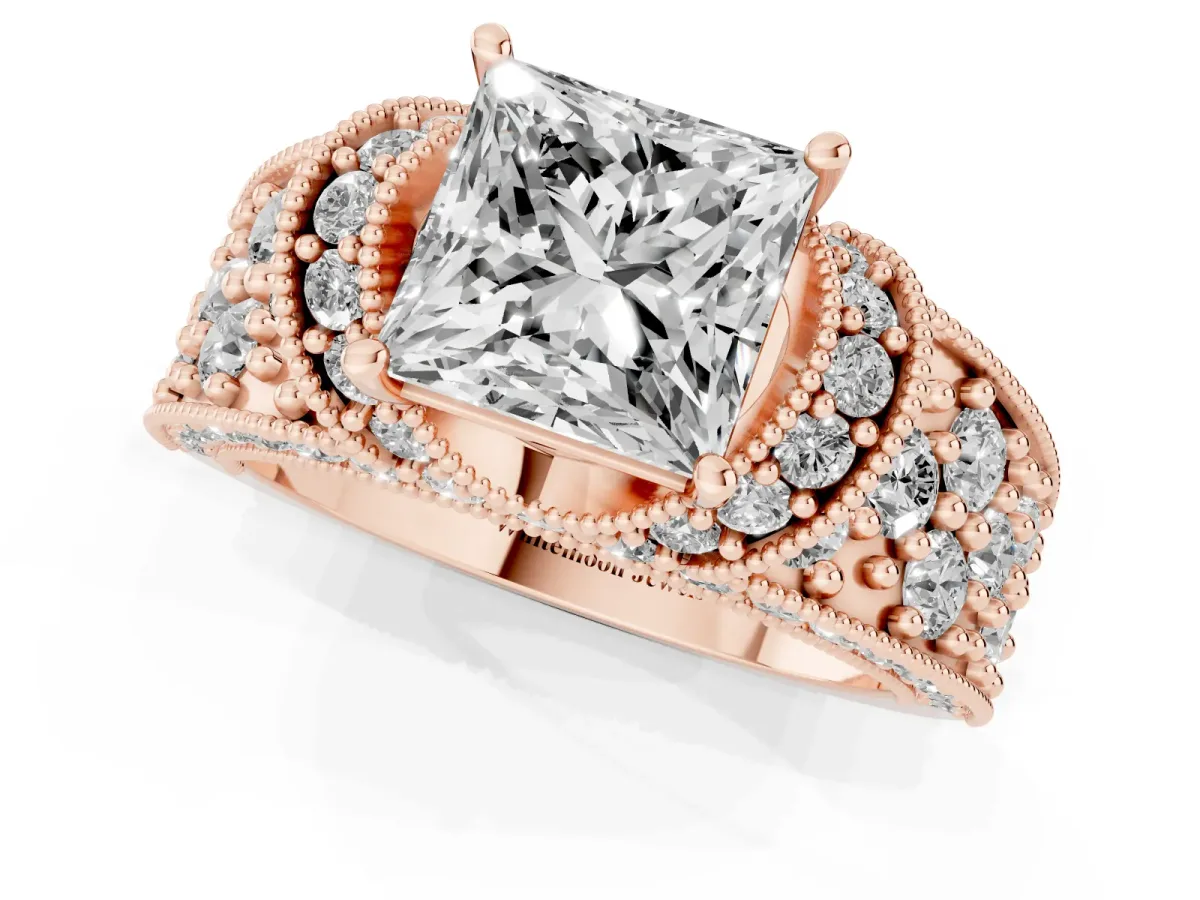 Princess Cut Halo Pave Diamond Engagement Ring with Milgrain Detailing Rose gold