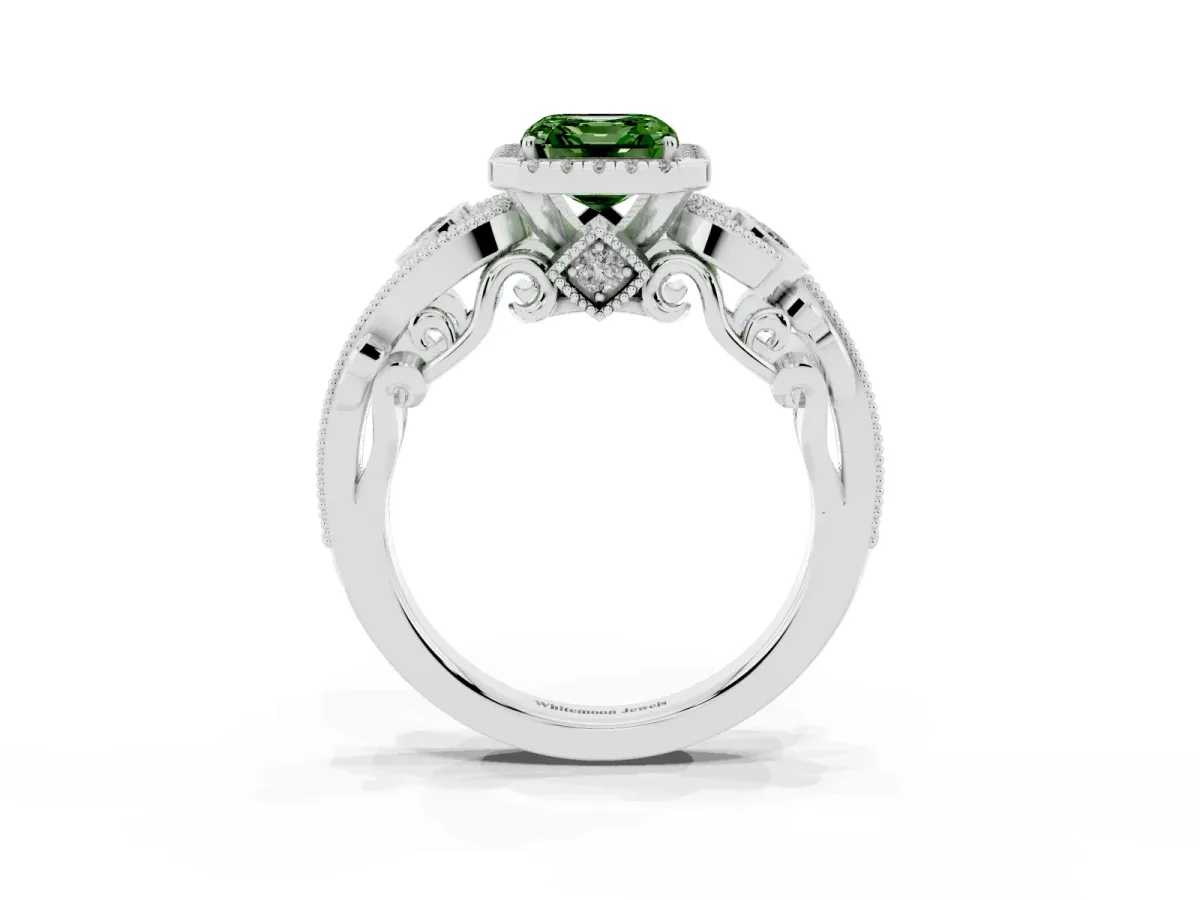 Fancy Green Asscher Cut Halo Diamond Ring with Milgrain and Bezel Accents on a Split Shank Band White gold