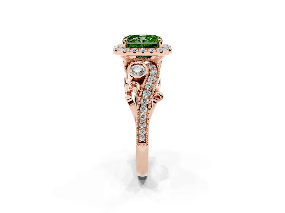 Fancy Green Radiant Cut Halo Diamond Ring with Milgrain and Bezel Accents on a Split Shank Band Rose gold