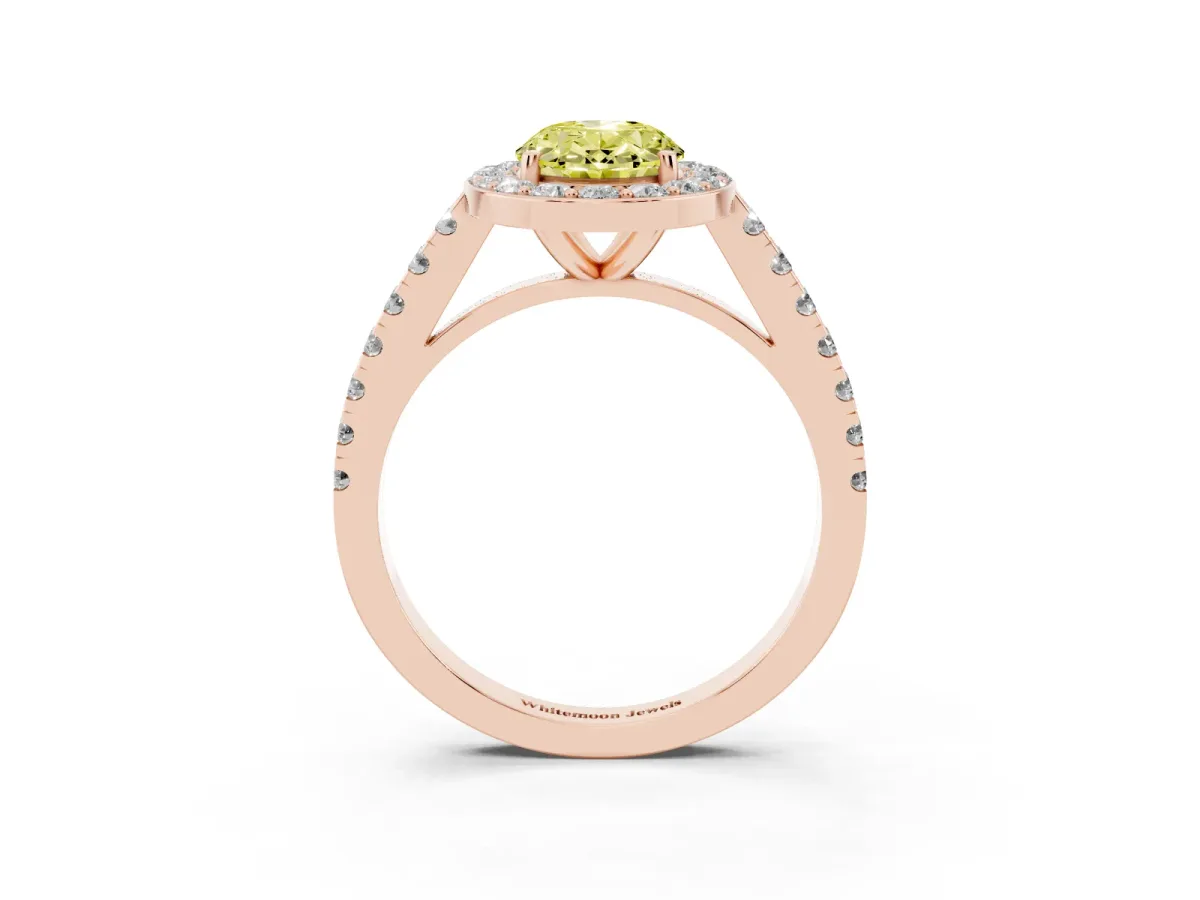 Fancy Yellow Oval Cut Diamond Halo Ring with Round Pavé Split Shank and Prong Setting Rose gold