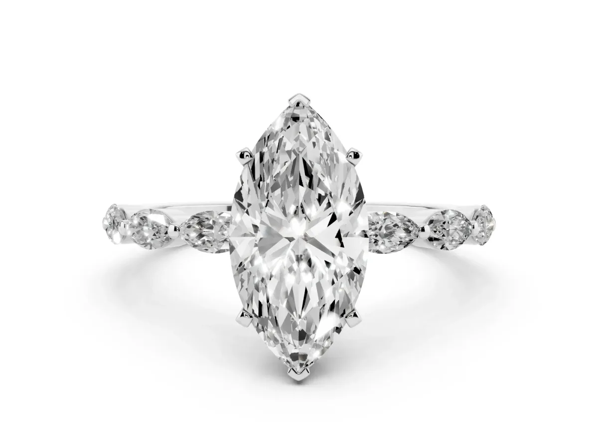 Marquise Cut Diamond Ring with Marquise Side Stones and Prong Setting Platinum