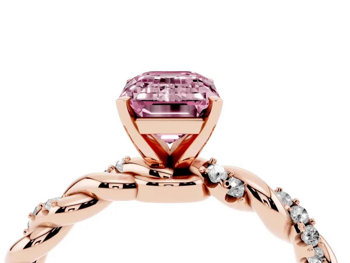 Fancy Pink Emerald Cut Diamond Solitaire Ring with Twisted Band and Pavé Accents Rose gold