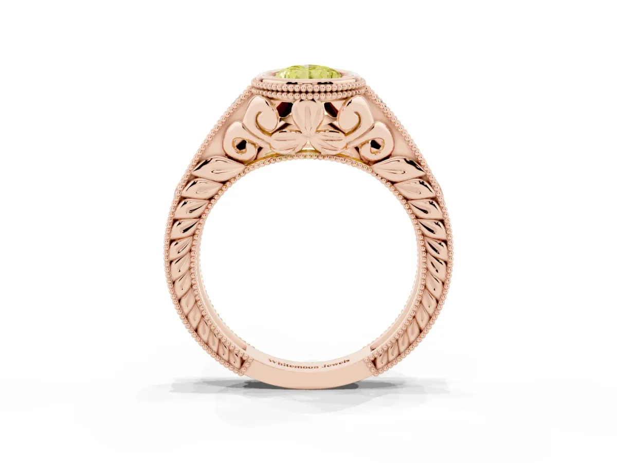Fancy Yellow Bezel Set Pear Cut Diamond Milgrain Pave Engagement Ring Rose gold