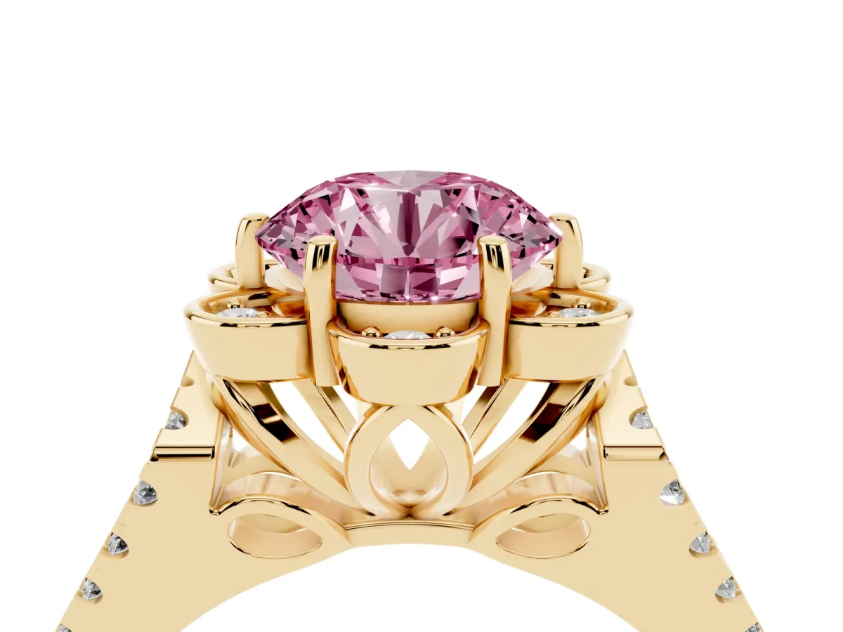 Fancy Pink Round Cut Halo Diamond Floral Split Shank Engagement Ring Yellow gold